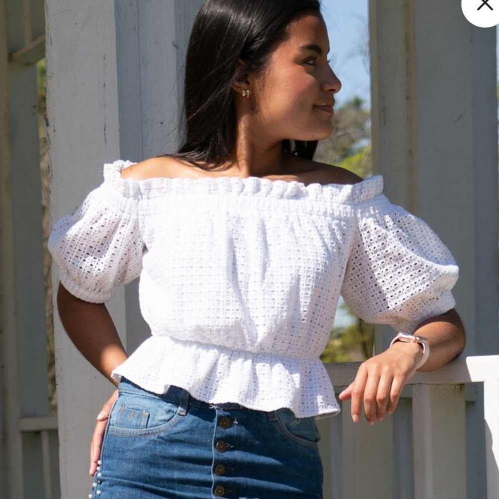 Express White Windowpane Lace On or Off Shoulder Puff Sleeve Crop Top NWT